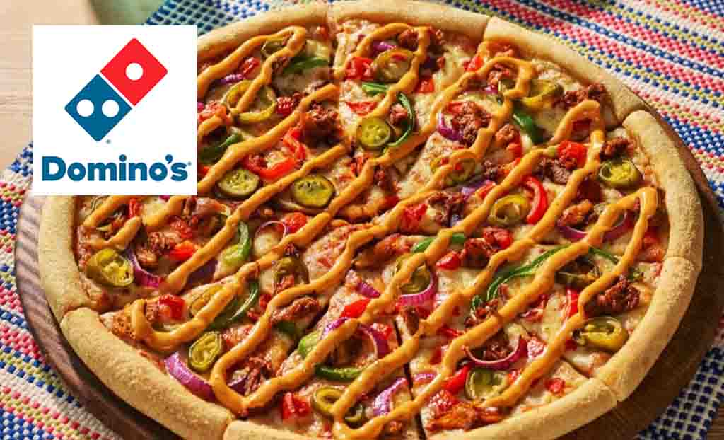 Dominos logo placed over an image of a pizza