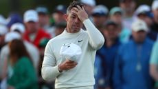 Rory McIlroy of Northern Ireland reacts on the 18th green during the second round of the 2024 Masters Tournament at Augusta National Golf Club 