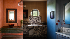 Three powder rooms in varying designs and colors from orange to dark ocher to blue