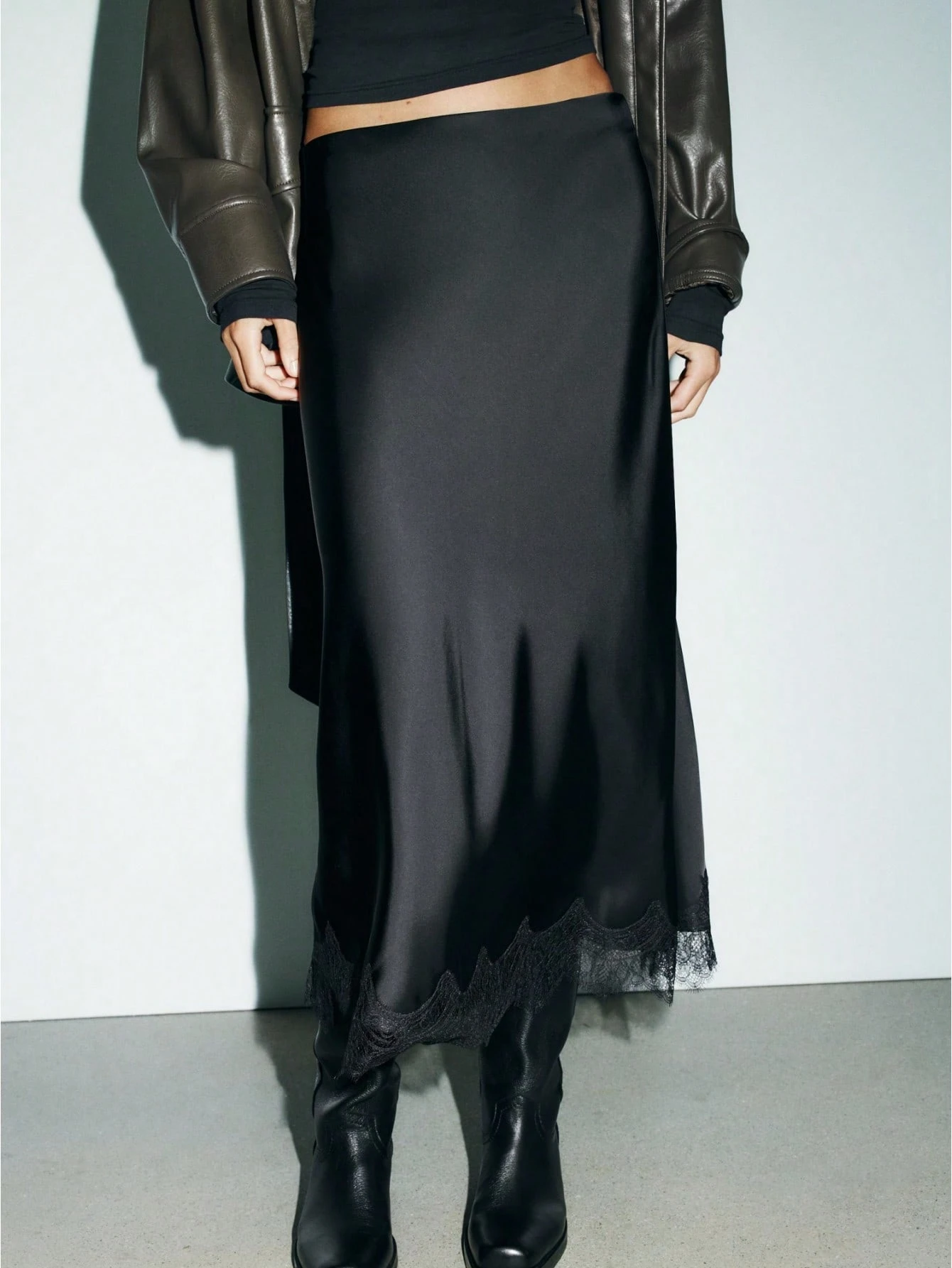 SHEIN, Satin Midi Skirt With Lace Trim