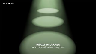 Samsung Galaxy Unpacked Feb 1 2023 invite with three green lights on a black background representing the trio of cameras on the Galaxy S23 phones