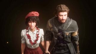 Screenshot from Clair Obscur: Expedition 33 showing Sophie and Gustave on a dark background.