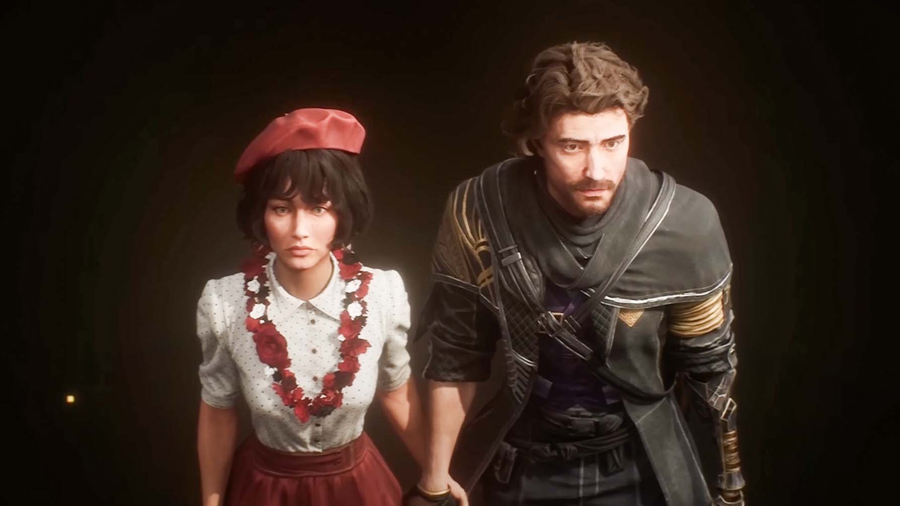 Screenshot from Clair Obscur: Expedition 33 showing Sophie and Gustave on a dark background.