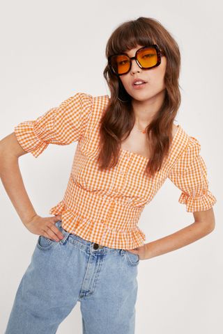 Nasty Gal + Button Through Puff Sleeve Gingham Top