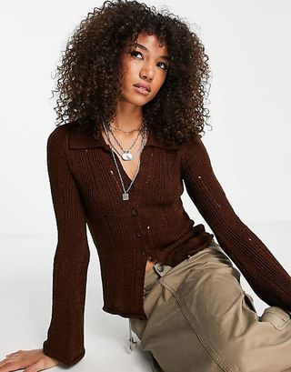 Asos Design + Cardigan With Collar and Distressed Ladder Stitch in Brown