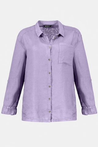 Ulla Popken + Decorative Back Seam Roll-Tab Sleeve Linen Shirt