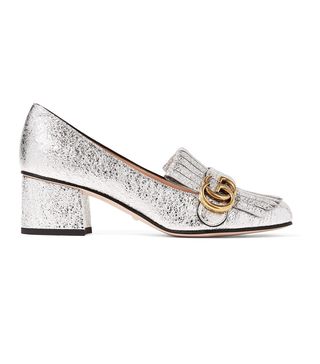 Gucci + Marmont Fringed Metallic Cracked-Leather Loafers