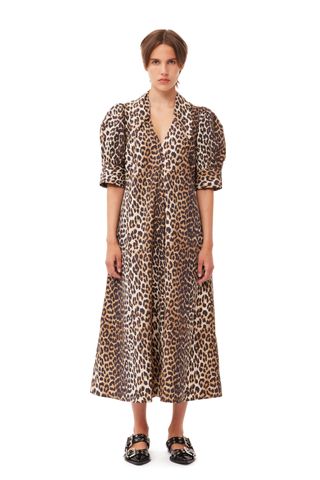 Ganni + Leopard Cotton Poplin V-Neck Maxi Dress