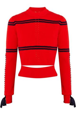 Fendi + Cutout Faille-Trimmed Striped Pointelle-Knit Sweater