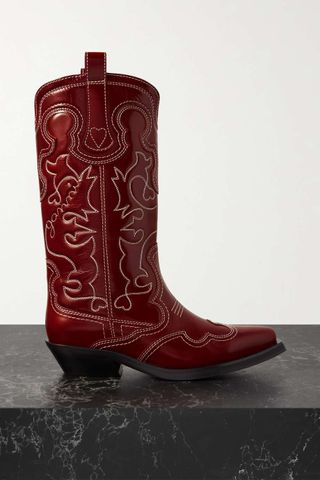 Ganni + Embroidered Leather Cowboy Boots