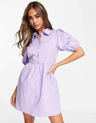 Miss Selfridge + Puff Sleeve Frill Collar Button Shirt Dress