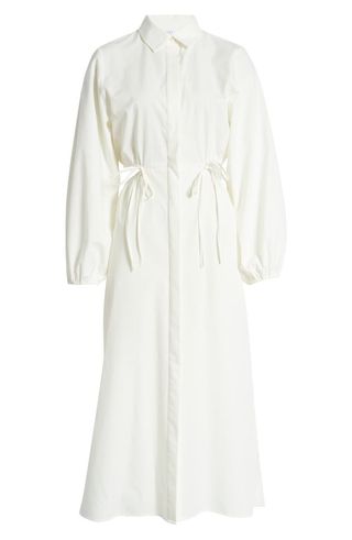 Topshop + Ruched Cutout Long Sleeve Cotton Poplin Midi Shirtdress