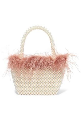 Loeffler Randall + Mina Small Feather-Trimmed Faux Pearl Tote