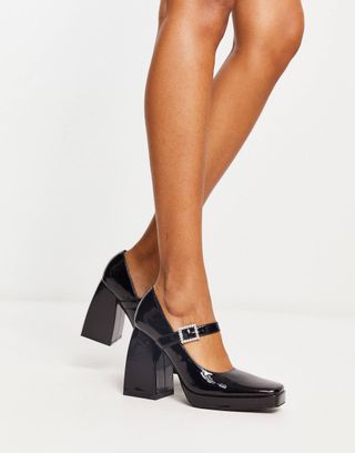ASOS + Raid Wide Fit Maya Block Heel Mary Janes With Embellished Buckle in Black Patent