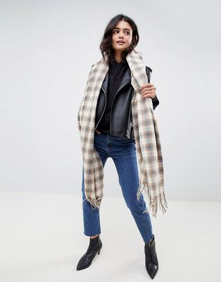 ASOS Design + Oversized Scarf in Natural Check With Tassels