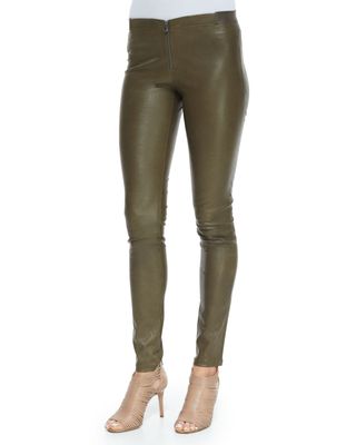 Alice + Olivia + Lamb Leather Front-Zip Leggings in Forest Green