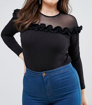ASOS Curve + Body With Long Sleeve Mesh Insert & Ruffle