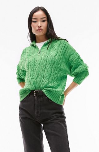 Topshop + Oversize Cable Knit Half Zip Sweater