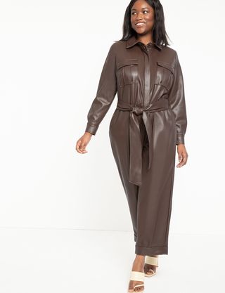 Eloquii + Faux Leather Jumpsuit With Button Front