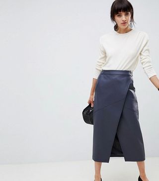 ASOS + Leather Look Wrap Midi Skirt With Buckle Belt