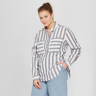 Who What Wear + Striped Long Sleeve Henley Top