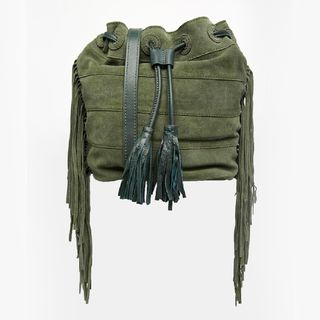 Pieces + Suede Drawstring Duffle Fringed Bag
