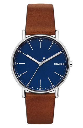 Skagen + Round Leather Strap Watch