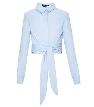 Pixie Market + Light Blue Waist Tie Crop Shirt