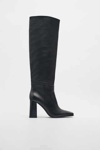 Zara + Knee-High Heeled Leather Boots