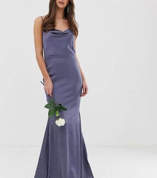 Missguided Tall + Satin Cowl Neck Maxi Dress With Train in Blue