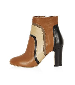 River Island + Brown Leather Patchwork Heeled Boots
