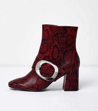 River Island + Red Snakeskin Buckle Boots