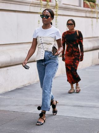 cropped flare jeans street style image