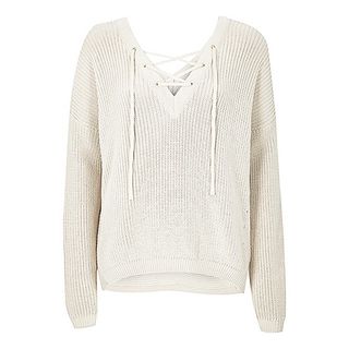 River Island + Cream Knitted Lace-Up Slouchy Sweater