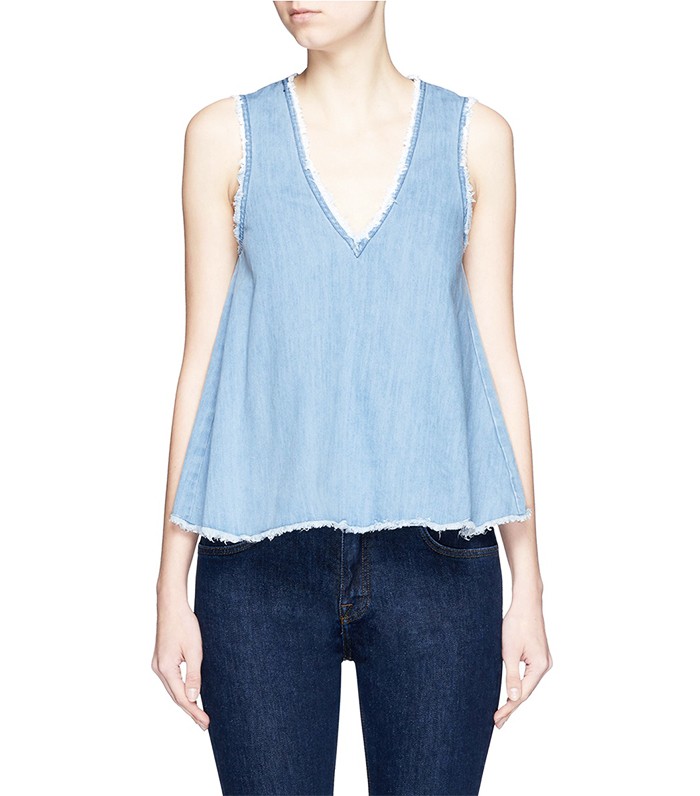 Nicholas + Cutout Back Frayed Flare Denim Top