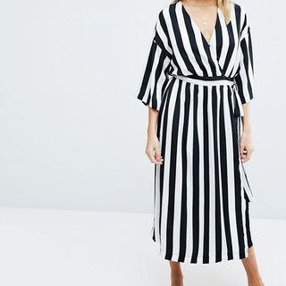 Moss Copenhagen + Wrap Front Dress With Kimono Sleeves in Monochrome Stripe