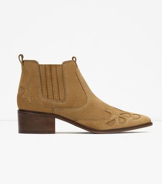 Zara + Block Heel Leather Cowboy Ankle Boots