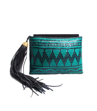 Aranaz + Turquoise and Black Woven Clutch Bag