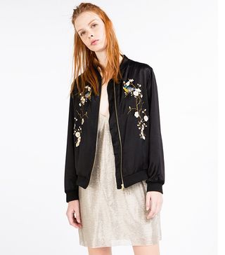 Zara + Floral Embroidered Bomber Jacket