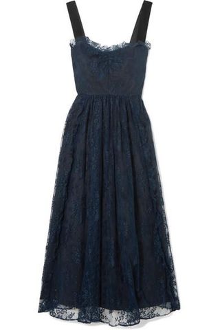 AlexaChung + Gathered Velvet-Trimmed Chantilly Lace Midi Dress