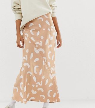 ASOS Design + Bias Cut Satin Maxi Skirt in Pastel Brush Print