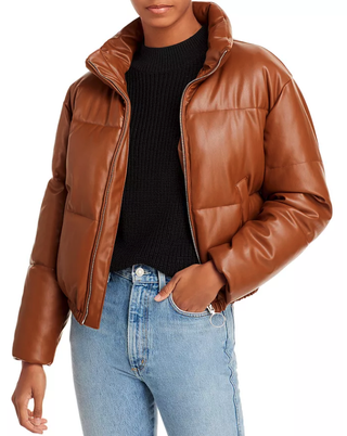 Aqua + Faux Leather Puffer Jacket