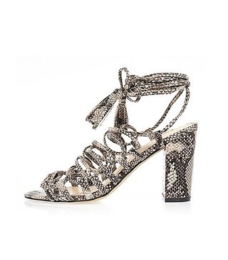 River Island + Grey Snake Print Lace-Up Sandals