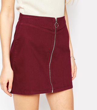 ASOS + Denim Aline Skirt With Zip Front in Oxblood