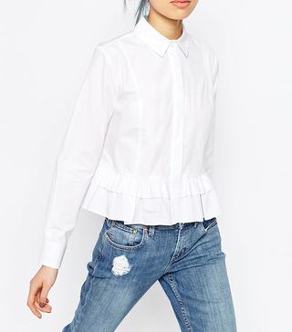 ASOS + White Shirt With Ruffle Hem