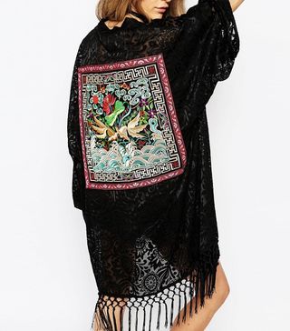 Reclaimed Vintage + Premium Burn Out Kimono With Festival Embroidered Patch Detail