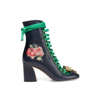 Gucci + Embroidered Leather Lace-Up Ankle Boots