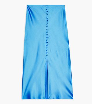 Topshop + Blue Button Through Satin Bias Skirt