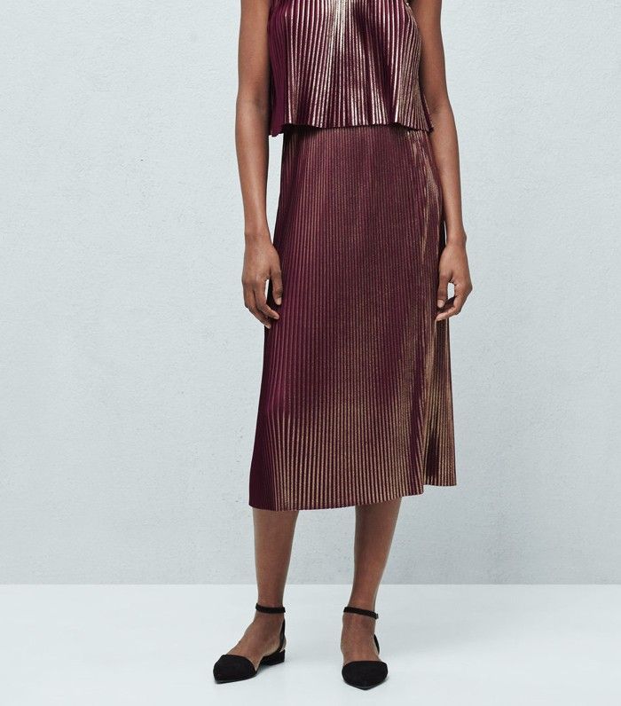Vintage Textured Stripe Midi Skirt Metallic Bronze Red Mixed Media Party Skirt