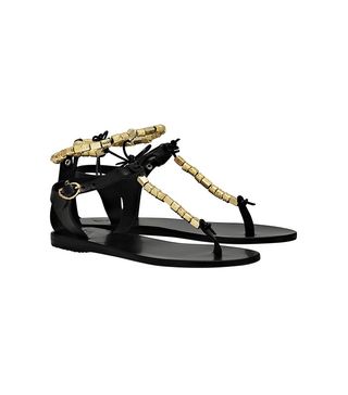Ancient Greek Sandals + Chrysso Black Leather and Gold Bead Flat Sandals